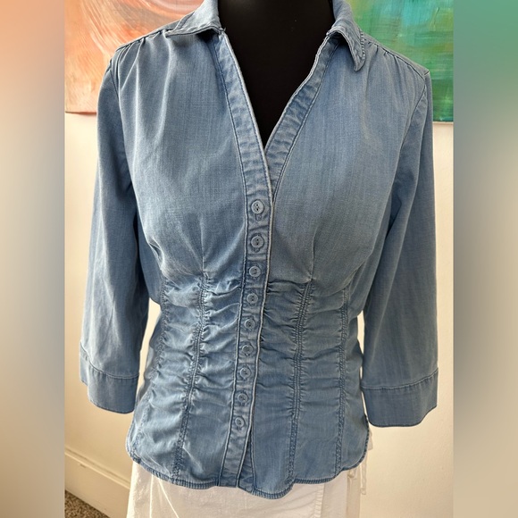 White House Black Market Ruched Denim Top Elbow Sleeves Elastic Corseted Waist 6 - Picture 1 of 15